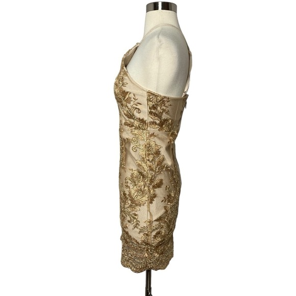 Gold Embroidered Halter Mini Dress Scalloped Hem Size XS (Gold-Beige) - Picture 2 of 10